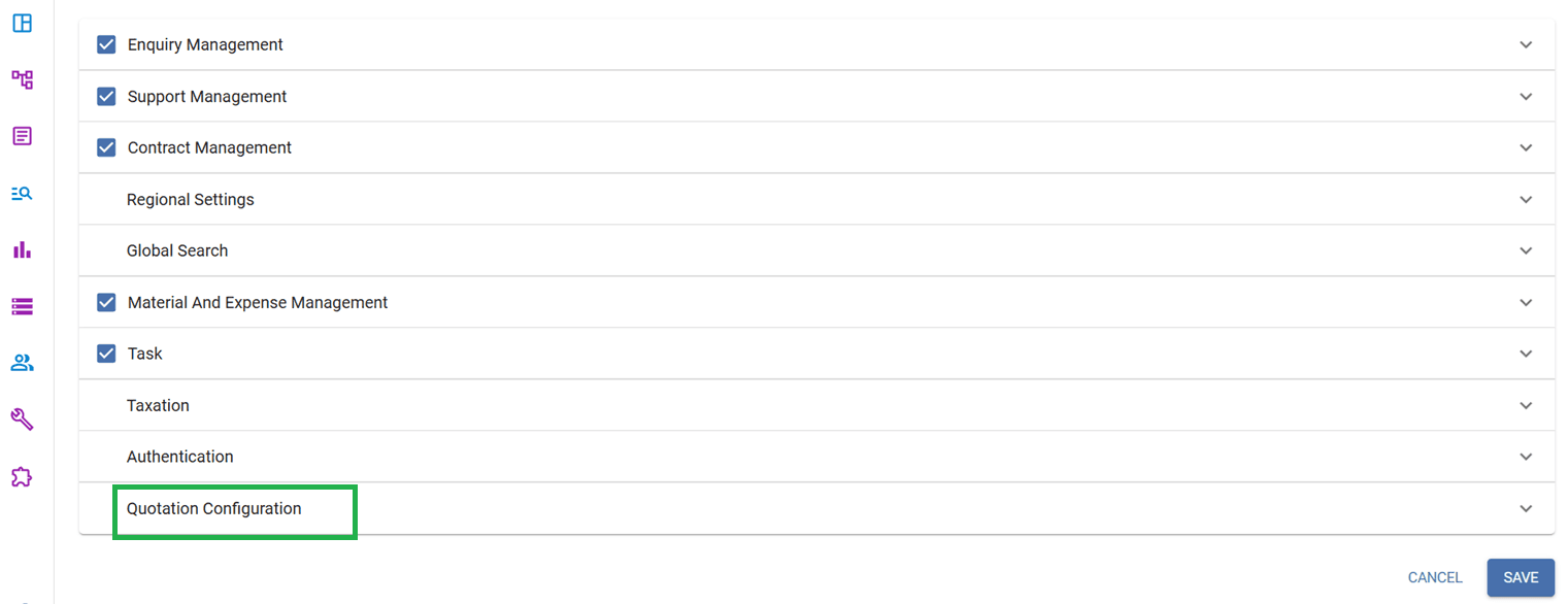 Quotation Configuration option highlighted inside Application from the menu bar