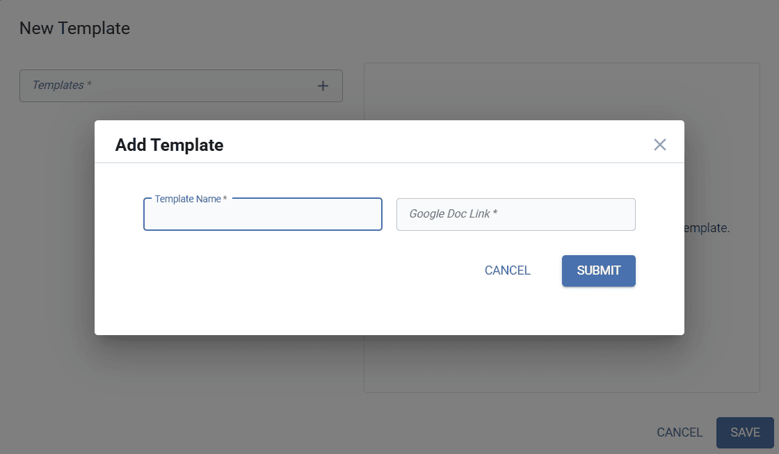 Template name and Google Doc Link input fields in the new template form