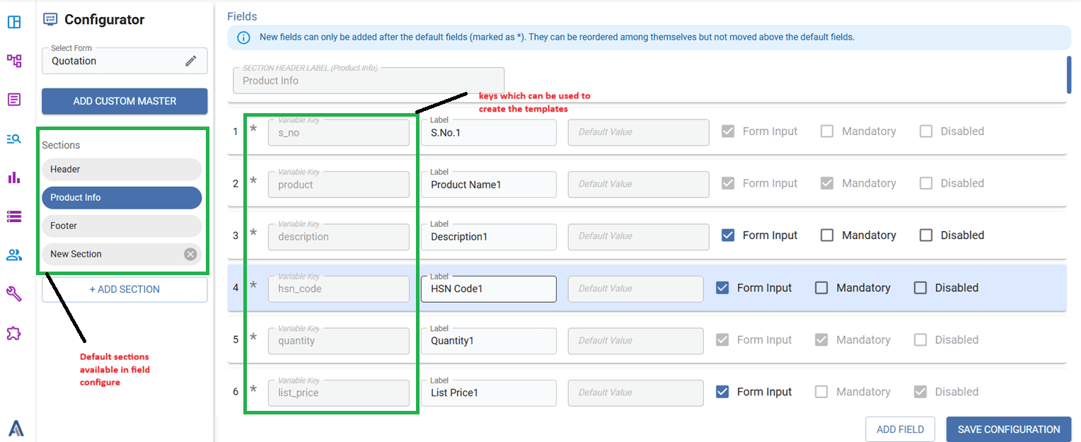 Quotation template field configuration page showing keys and default sections