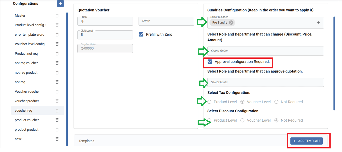 Quotation configuration in Application showing multiple settings along with approval setting