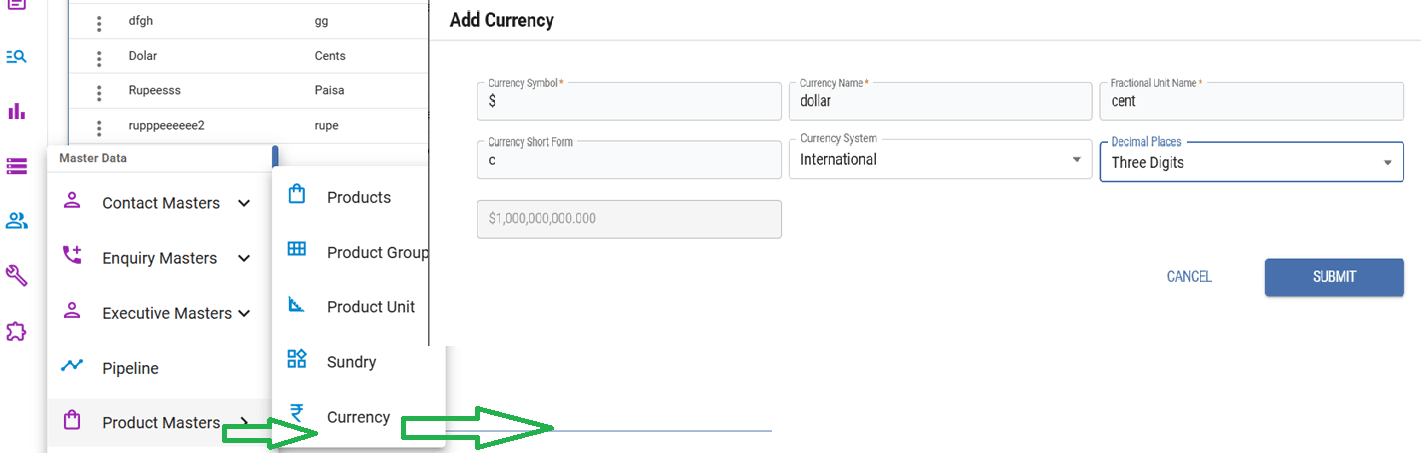 Currency Master navigation screen displaying the New Currency option for adding a new currency