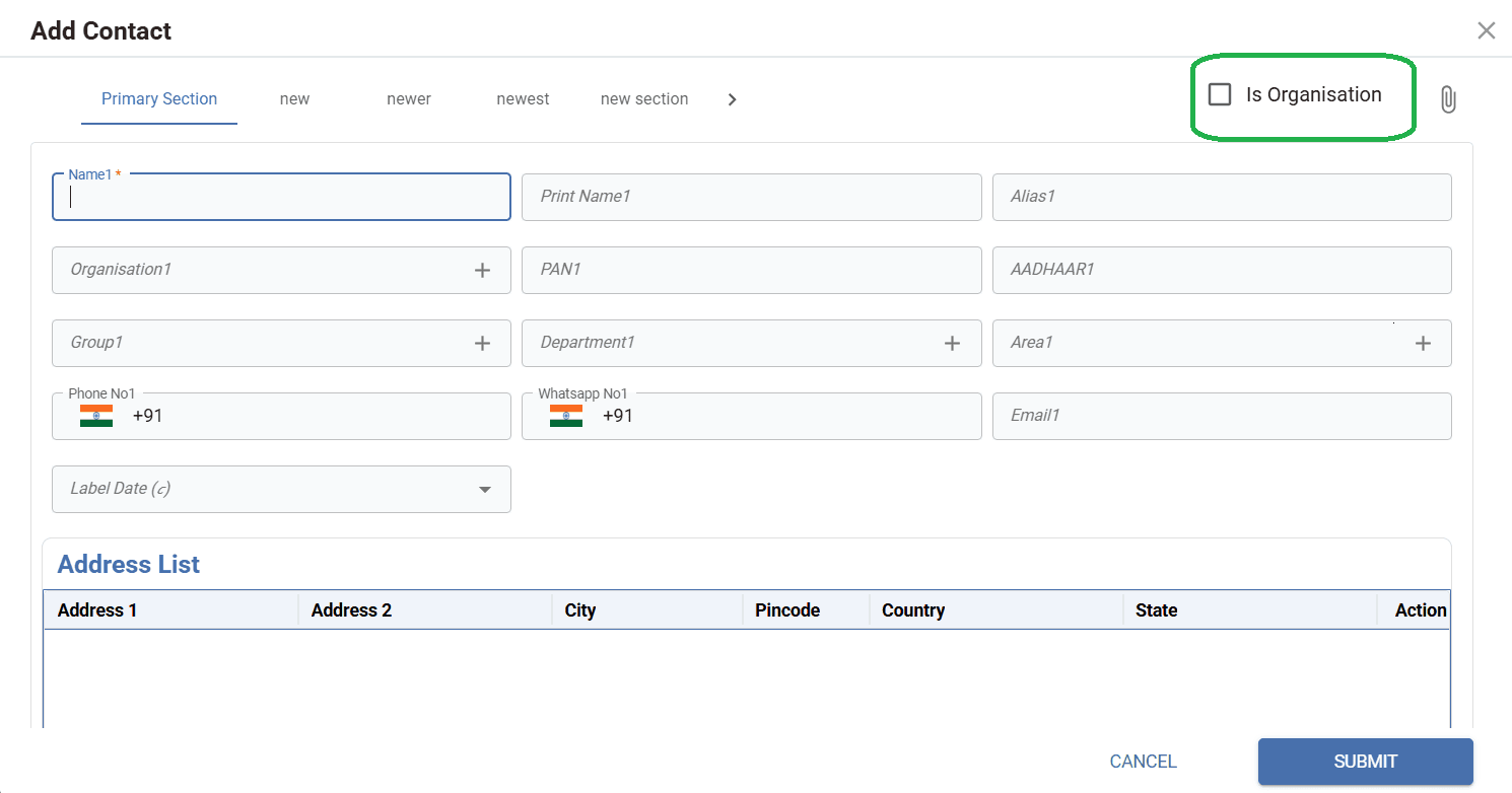 Contact form displayed with the Is Organisation checkbox disabled