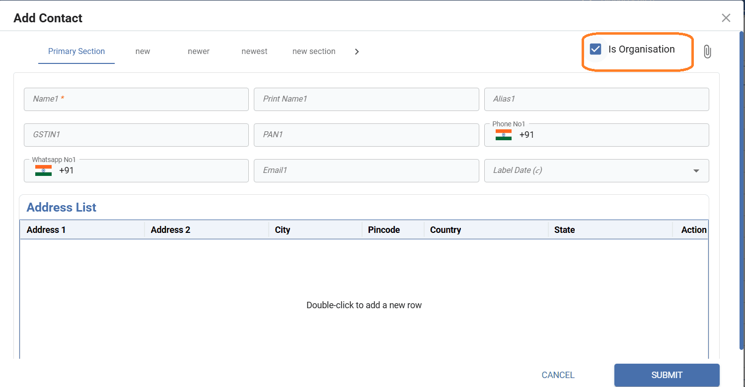 Contact form dynamically switches to Organisation form when Is Organisation checkbox is selected