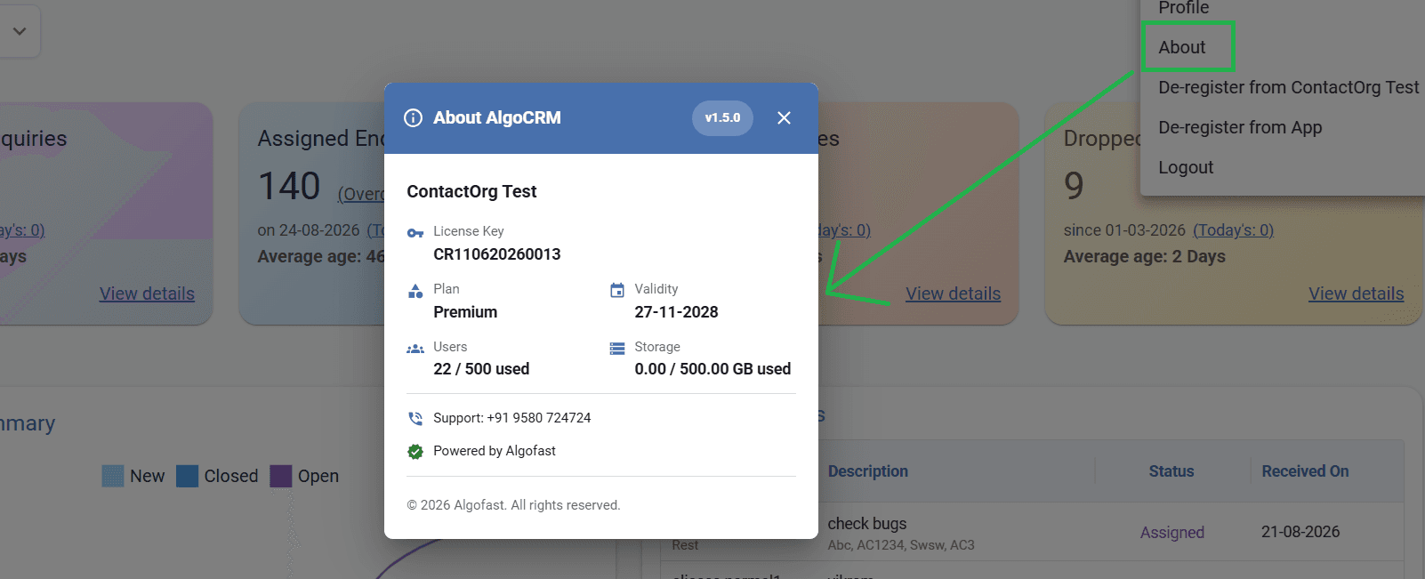 About Company dialog displaying license, plan, validity, users, storage, and support details on Web CRM