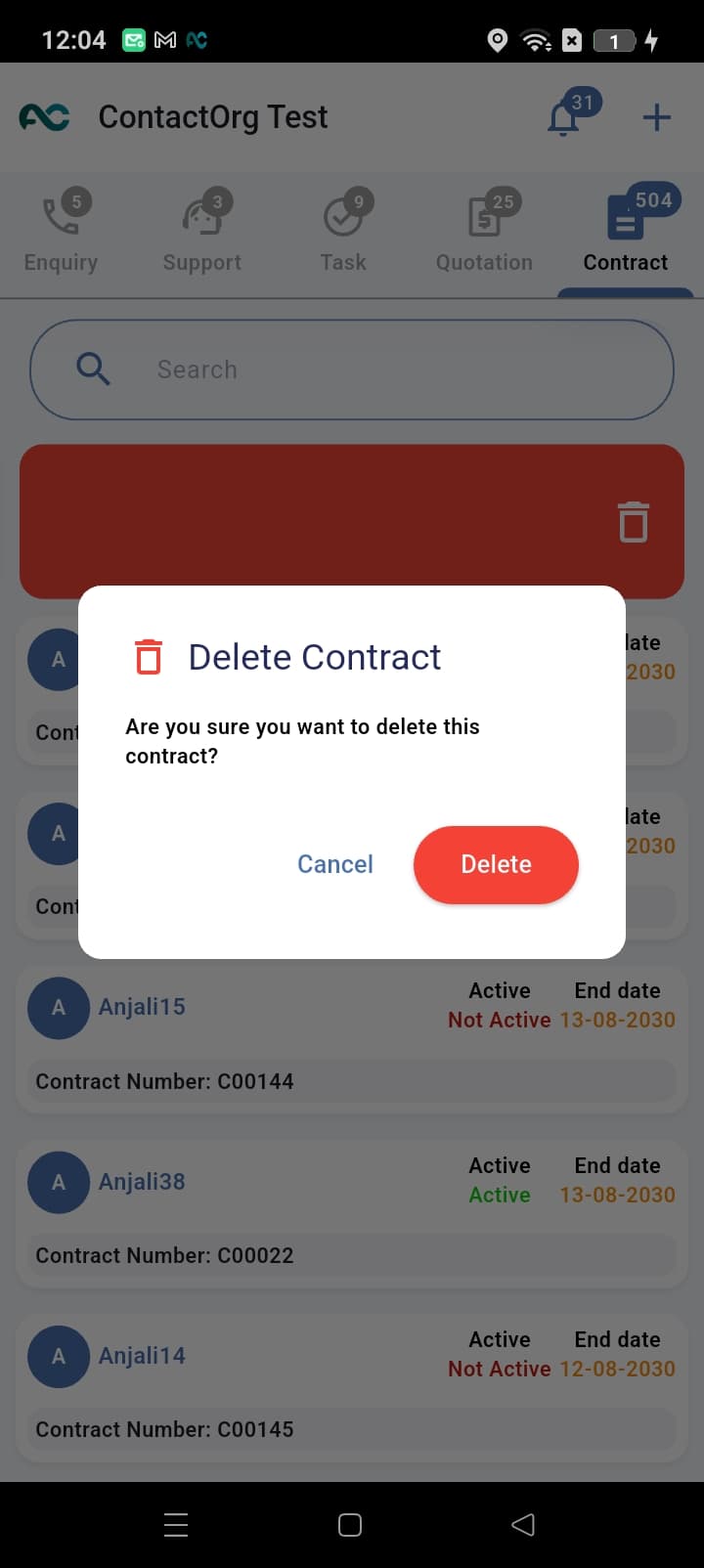 Swipe left gesture on a record in the mobile app revealing the Delete option