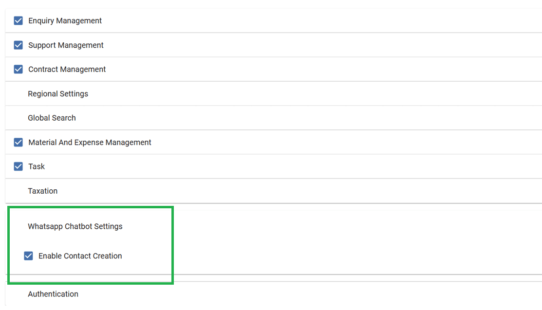 WhatsApp Chatbot Settings in Application Configuration with the Enable Contact Creation option enabled