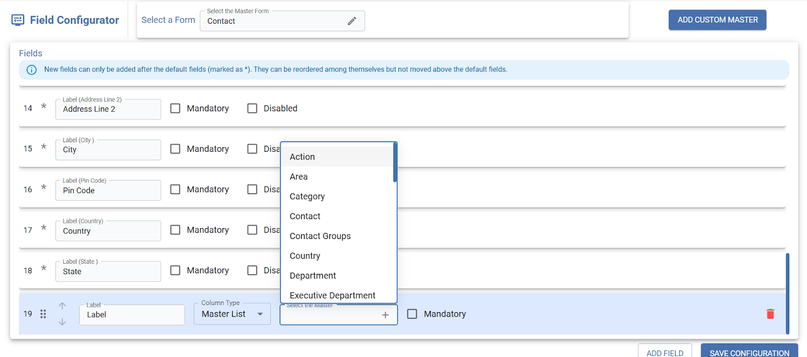 Custom Master entries management page
