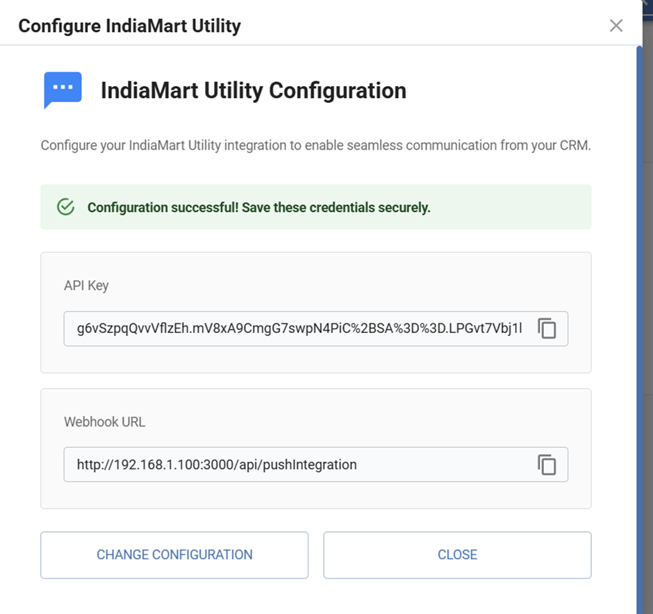 IndiaMART webhook configuration screen